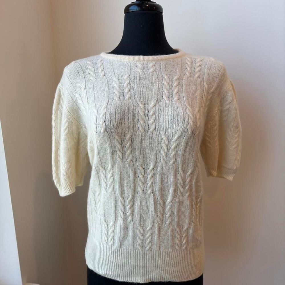 Evan Picone Vintage Round Neck Knit Cream Short Sleeved Sweater Size M